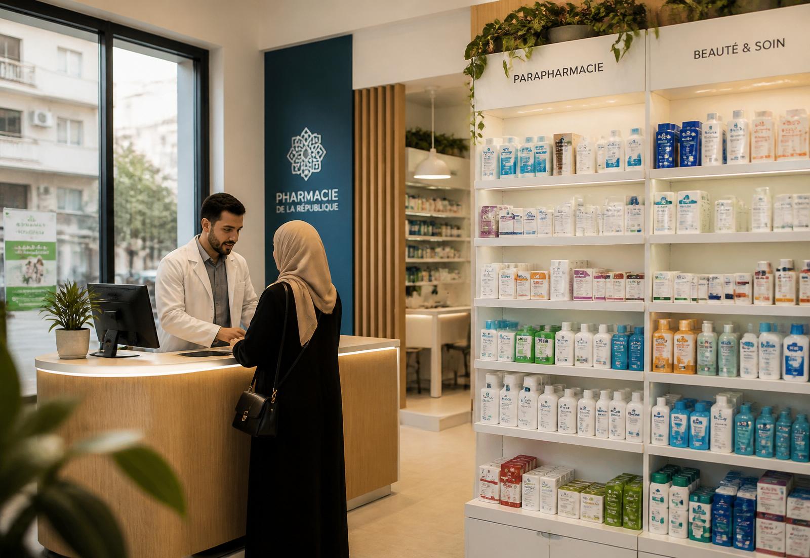 Intérieur lumineux de l'officine EL-AMEN avec un pharmacien accueillant une cliente